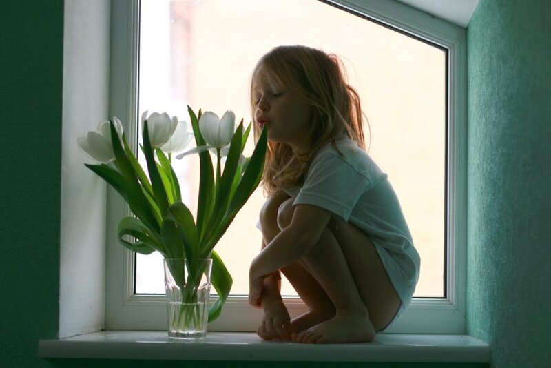 Girl Sitting on Windowsill — Green