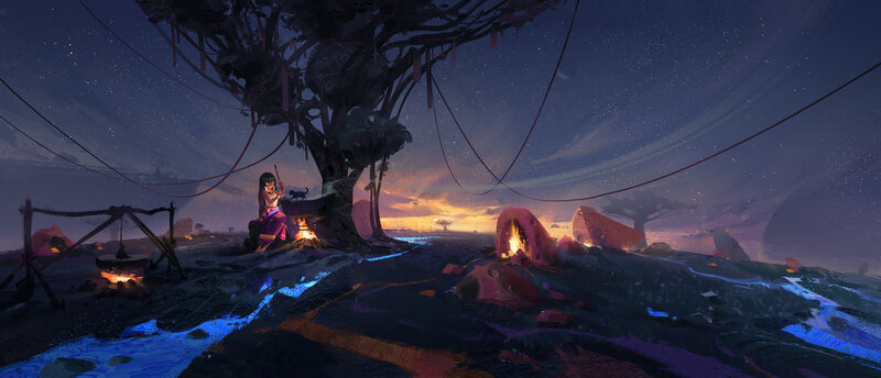 Girl Sitting under Tree — Purple