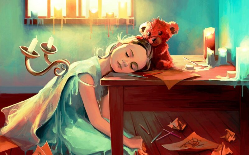 Girl Sleeping at Desk — Blue