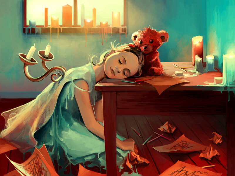 Girl Sleeping at Desk — Teal