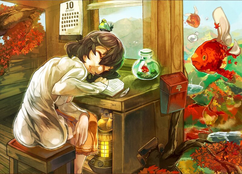Girl sleeping at desk with fish