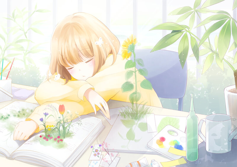 Girl Sleeping at Desk — Yellow