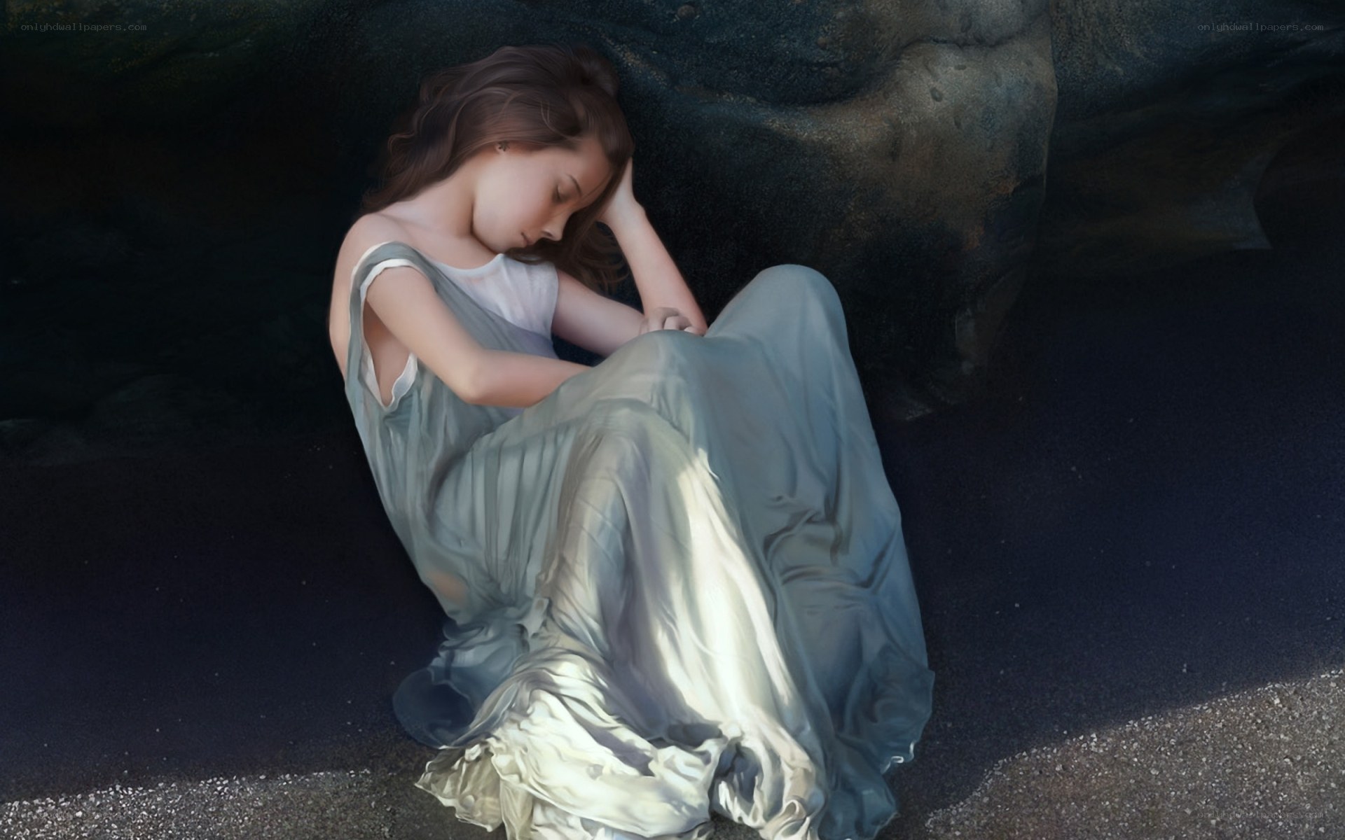 Girl sleeping in a cave