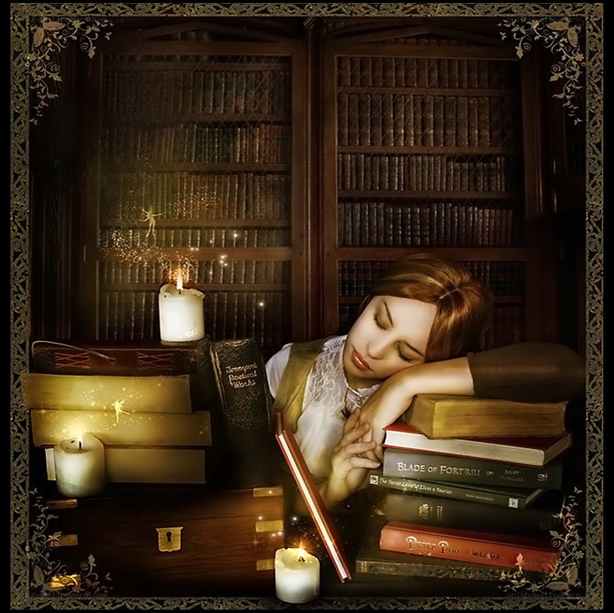 Girl sleeping in a library