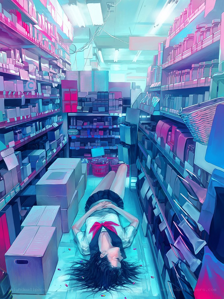 Girl sleeping in a store aisle