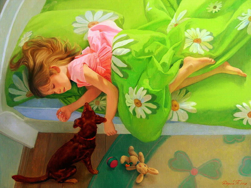 Girl Sleeping in Bed — Green