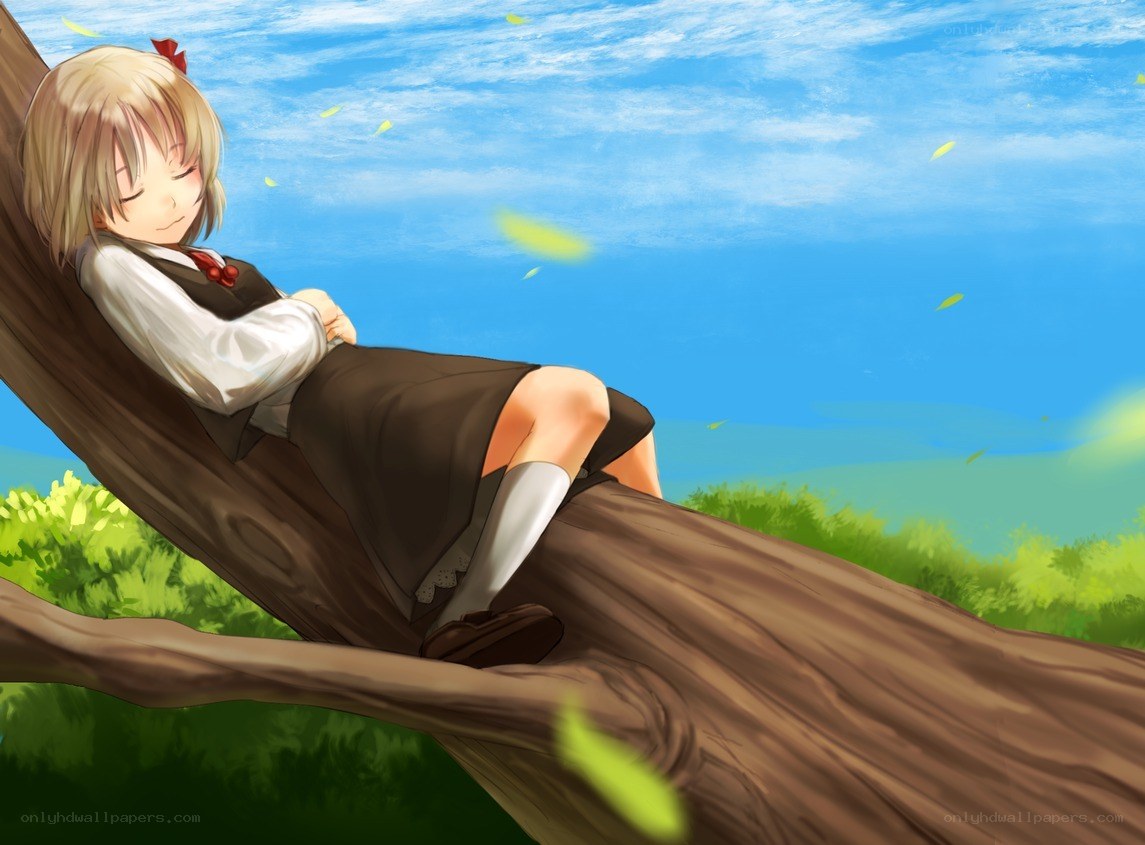 Girl sleeping on a tree branch