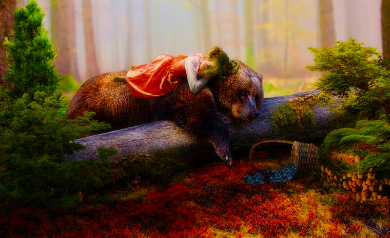 Girl Sleeping on Bear — Green