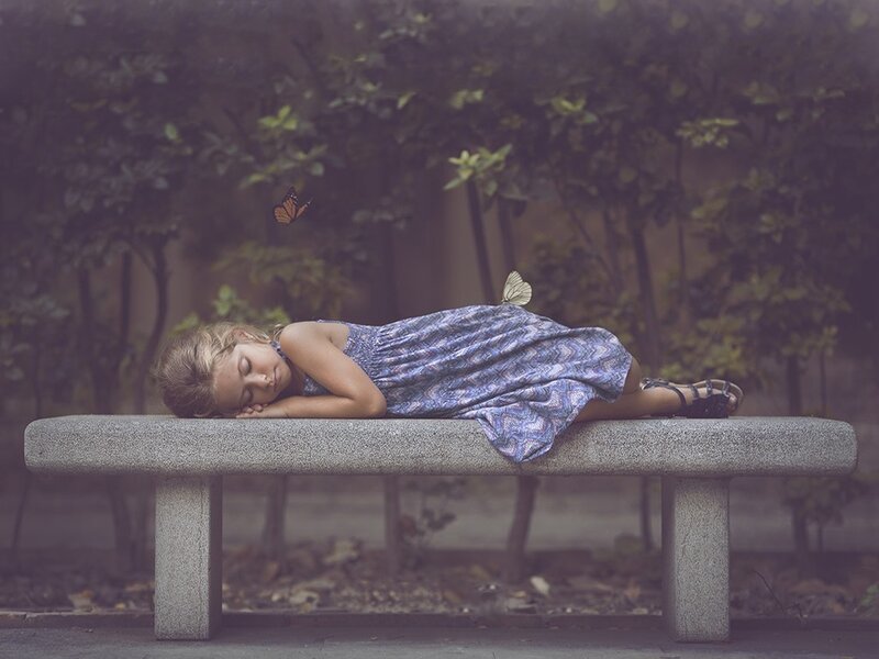 Girl Sleeping on Bench — Blue, Serene