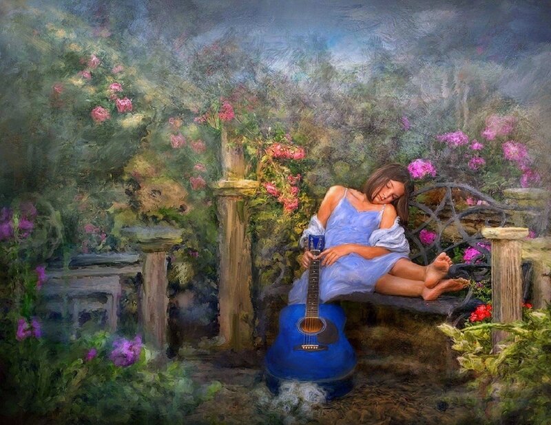 Girl Sleeping on Bench — Blue