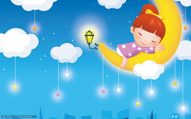 Girl Sleeping on Crescent Moon — Blue