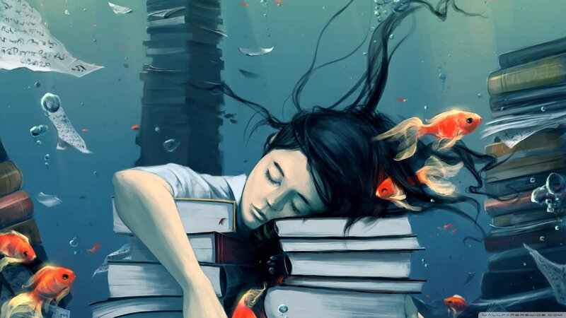 Girl Sleeping Underwater — Blue, Serene, Digital Art, Books, Goldfish, Bubbles