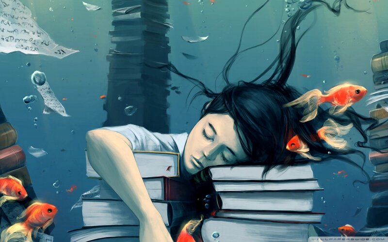 girl sleeping underwater with books