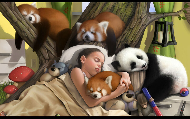 Girl Sleeping with Animals — Beige