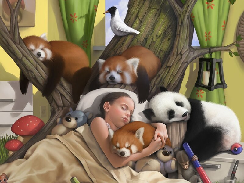 Girl Sleeping with Animals — Yellow, Peaceful