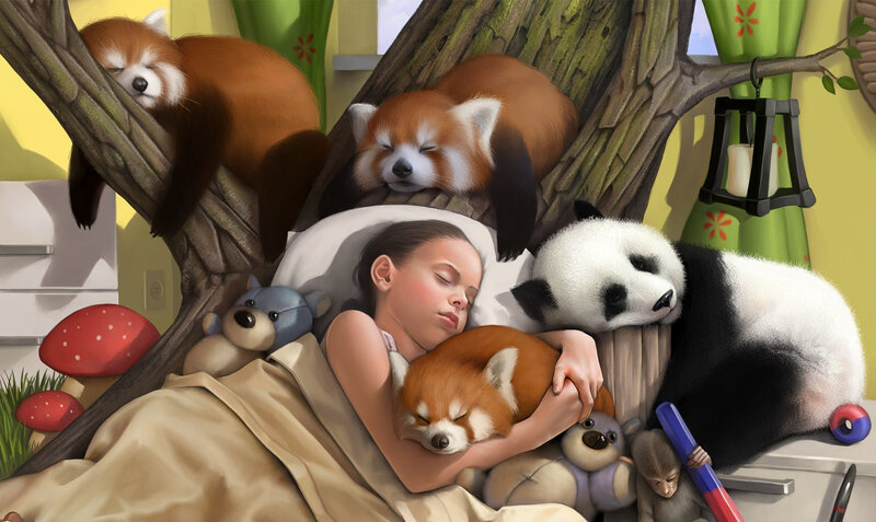 Girl Sleeping with Animals — Yellow, Serene