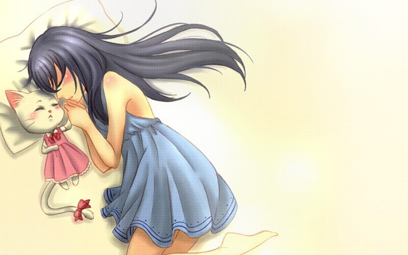 Girl sleeping with cat plush