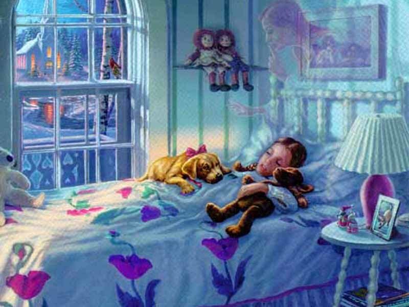 Girl Sleeping with Dog — Blue