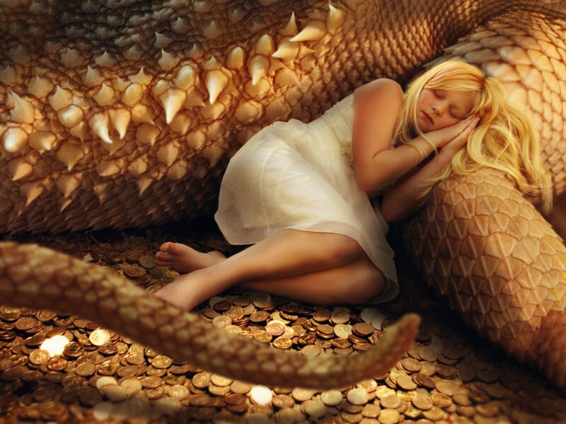 Girl Sleeping with Dragon — Gold