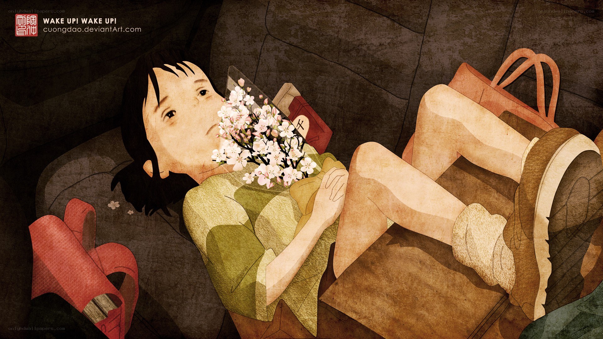 Girl sleeping with flowers