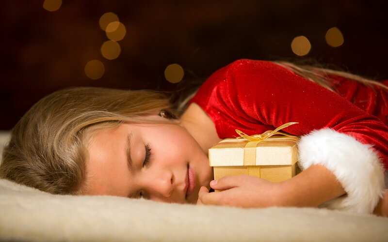Girl Sleeping with Gift — Red, Peaceful