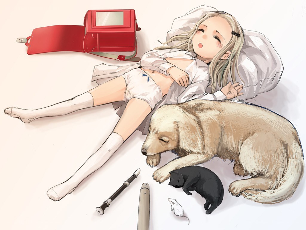 Girl sleeping with pets