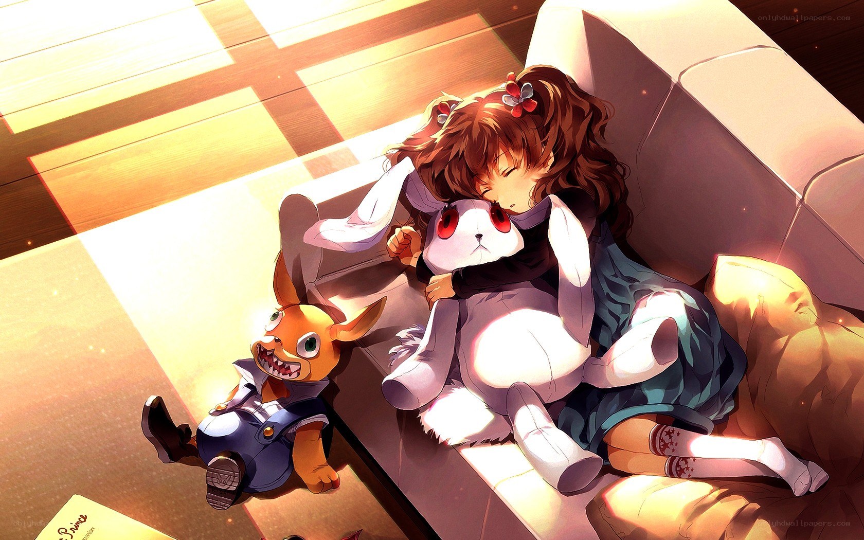 Girl sleeping with stuffed animals