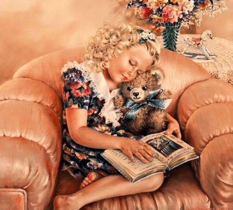 Girl Sleeping with Teddy Bear — Brown, Serene