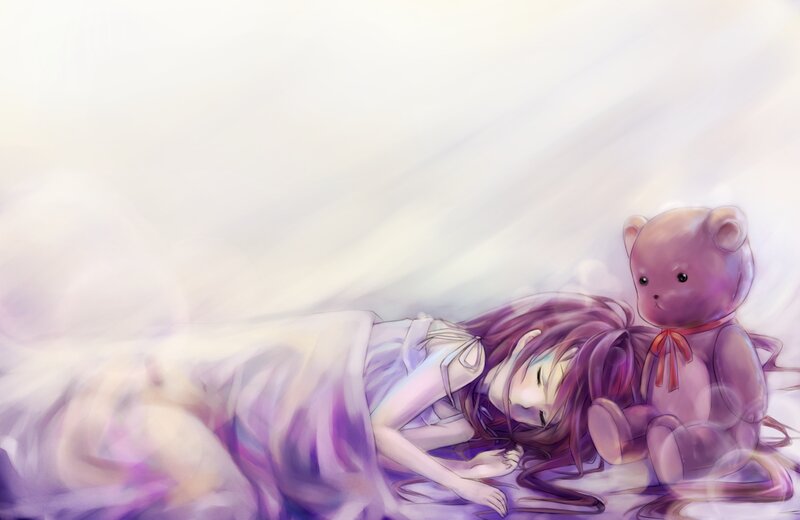 Girl Sleeping with Teddy Bear — Purple, Serene