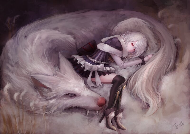 Girl Sleeping with Wolf — White, Serene