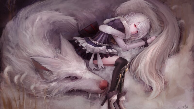 Girl Sleeping with Wolf — White