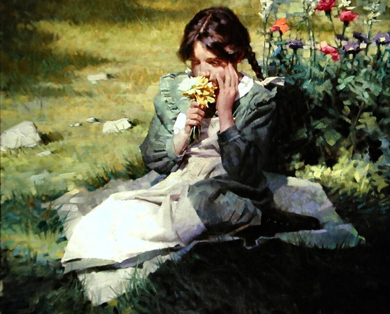 Girl Smelling Flowers — Green