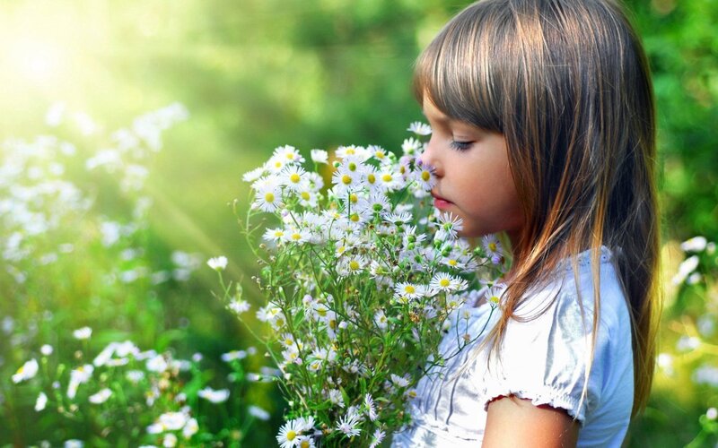 Girl Smelling Flowers — White