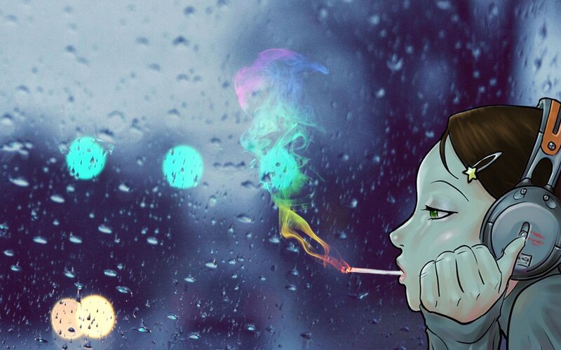 girl smoking in rain