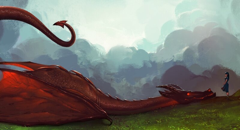 Girl standing beside a sleeping dragon