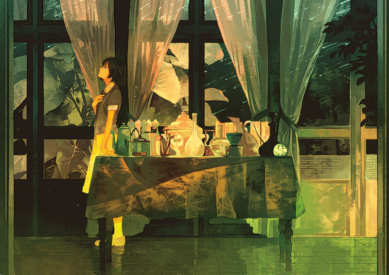 Girl Standing by Window — Green