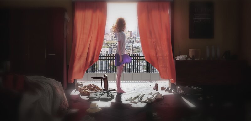 Girl Standing by Window — Red