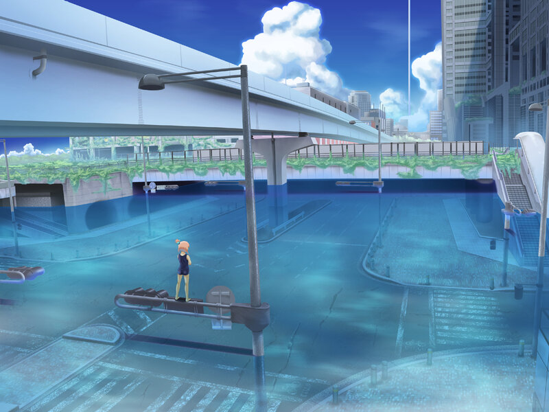 Girl standing in flooded city