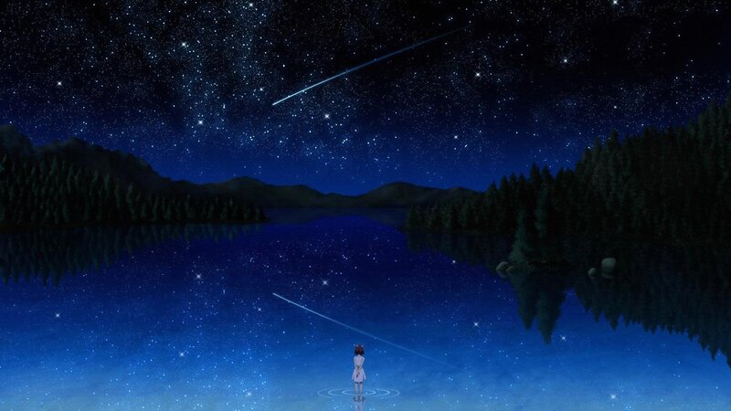 Girl Standing in Lake — Blue, Serene, Night, Anime
