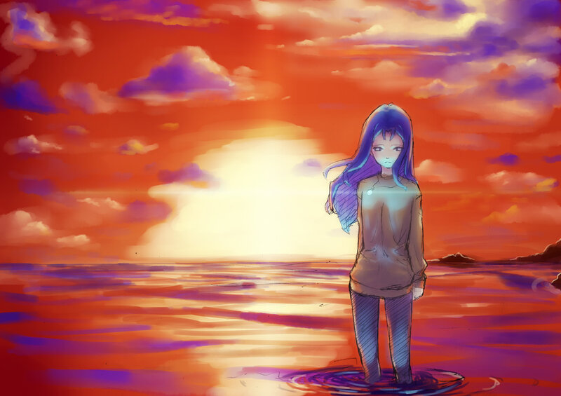 girl standing in water at sunset