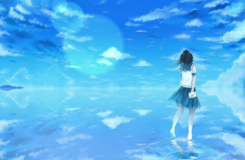 Girl Standing in Water — Blue, Serene, Afternoon, Anime