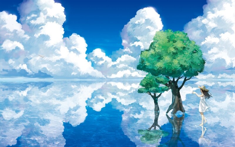 Girl Standing in Water — Blue, Serene, Afternoon, Digital Art, Tree, Clouds
