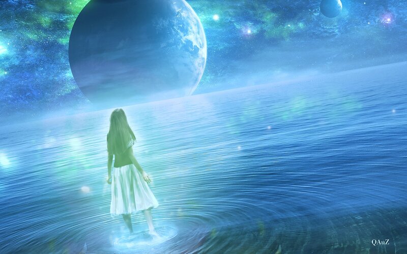 girl standing in water under alien sky