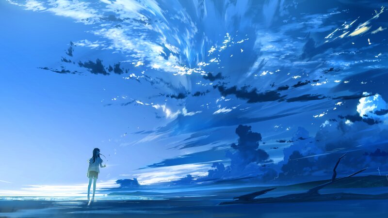 Girl Standing on Beach — Blue, Serene, Afternoon