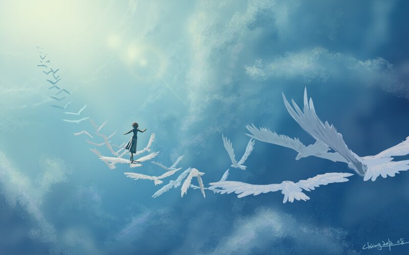 Girl Standing on Birds