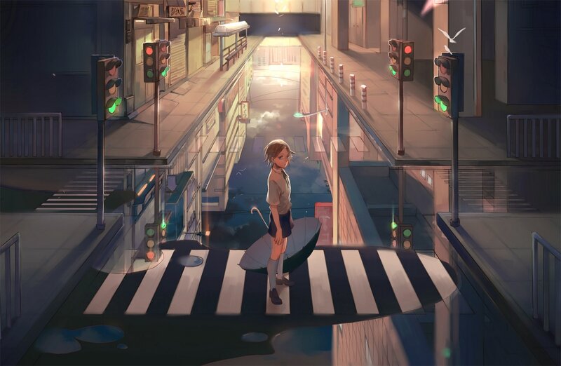 Girl Standing on Crosswalk — Blue