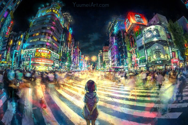 Girl Standing on Crosswalk — Blue, Vibrant