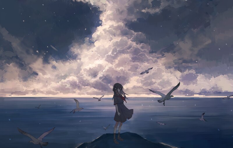 Girl Standing on Rock — Blue
