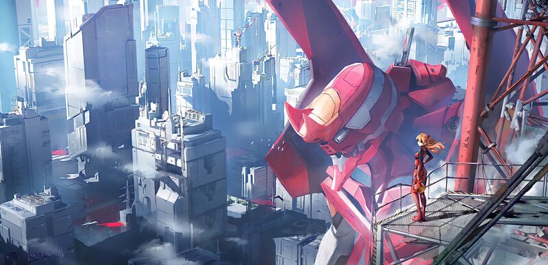 Girl Standing with Robot — Red