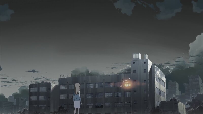 girl stands before city buildings